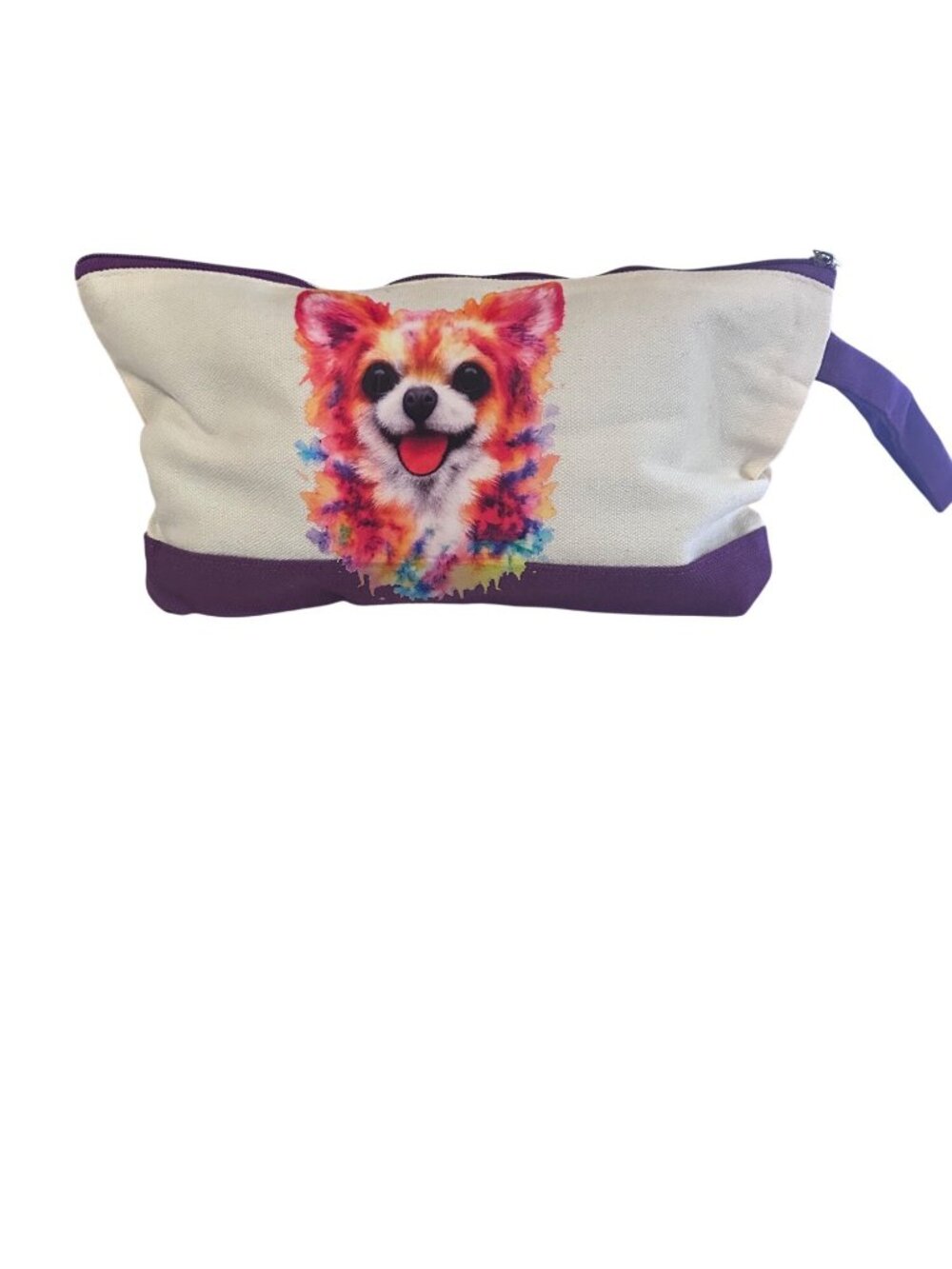 Silkfly cotton canvas purple and cream watercolor chihuahua makeup, toiletry tra